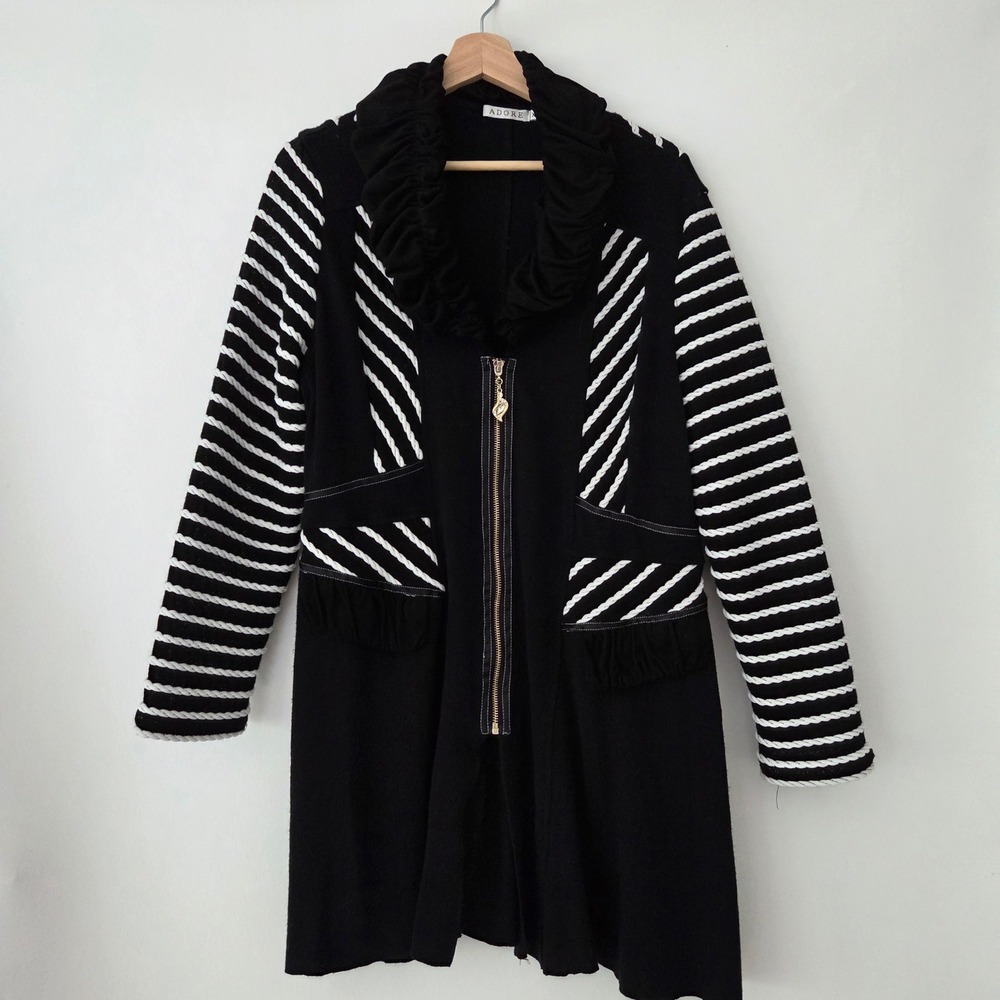 Adore Cardigan Sweater Black White Striped Ruffle Zip Up Womens XL